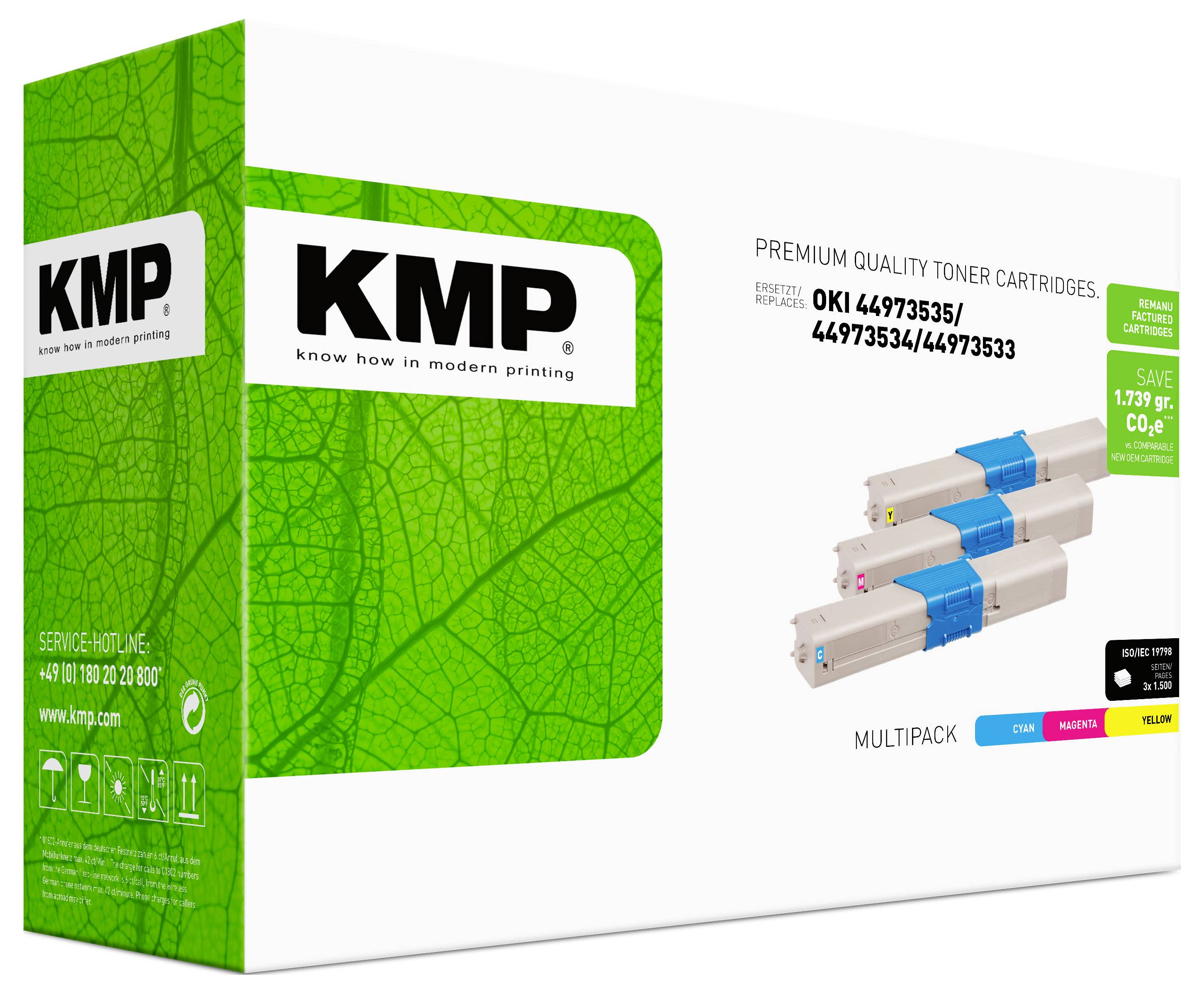 KMP præmium kvalitets tonerpatronboks emballage med tre tonerpatroner afbildet og kompatibilitetstekst for OKI-modeller.
