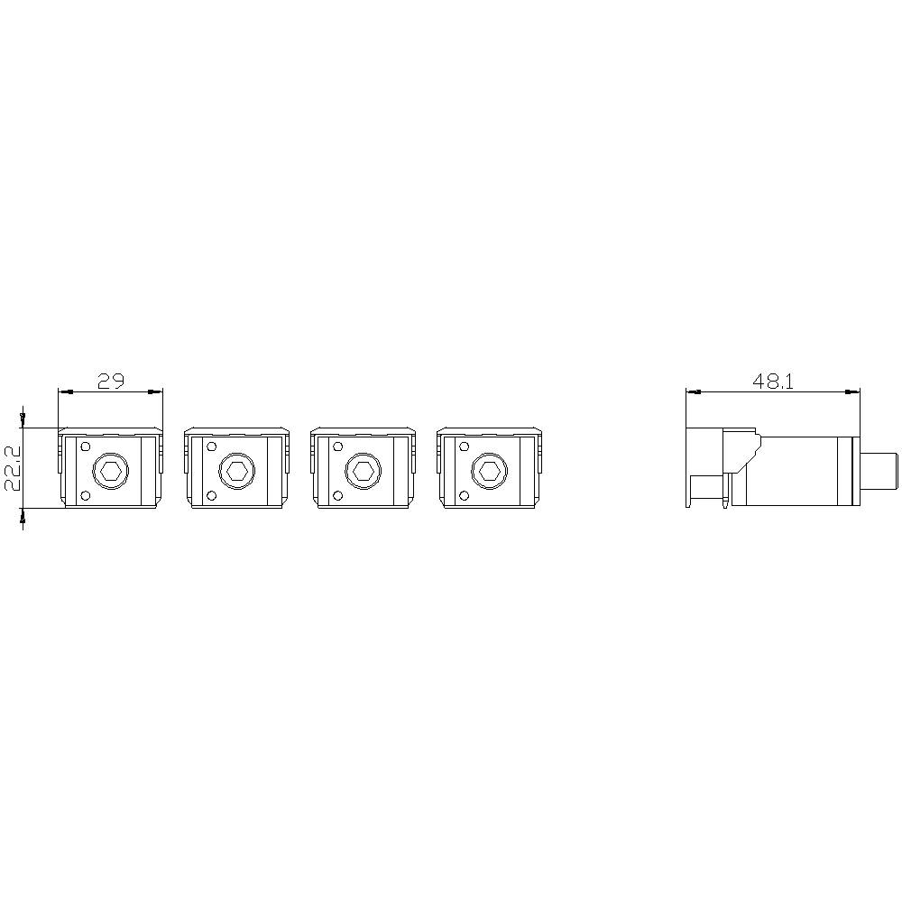 Teknisk tegning af en komponent med sidevisning og frontvisning. Mål: Højde 22 mm, bredde 29 mm, dybde 48,1 mm.