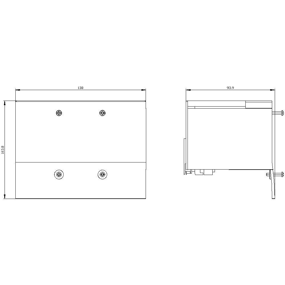 Teknisk tegning af et rektangulært apparat med dimensioner: Bredde 138 mm, højde 105,2 mm, dybde 93,9 mm. Set forfra og fra siden.
