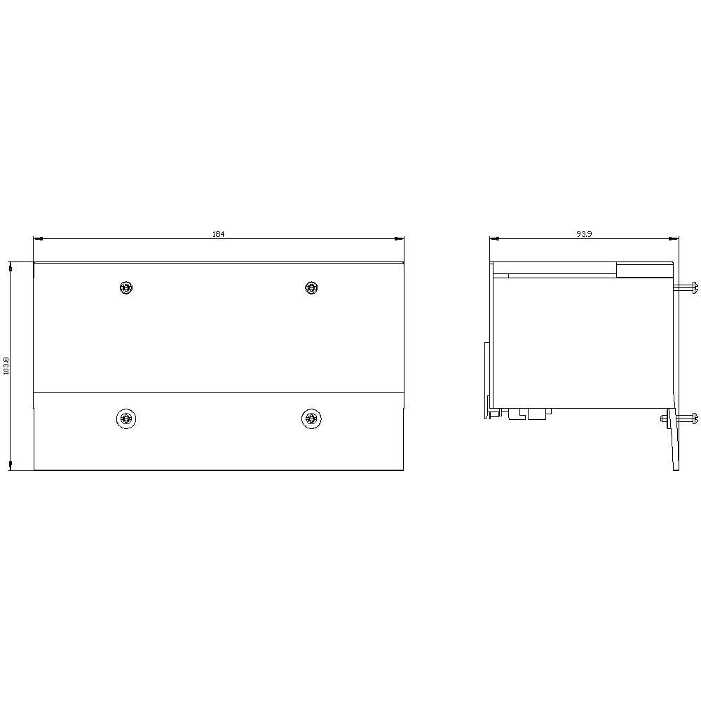 Teknisk tegning af et rektangulært apparat med dimensioner på 184 mm bredde og 93,2 mm dybde. For- og sidevisning vist.