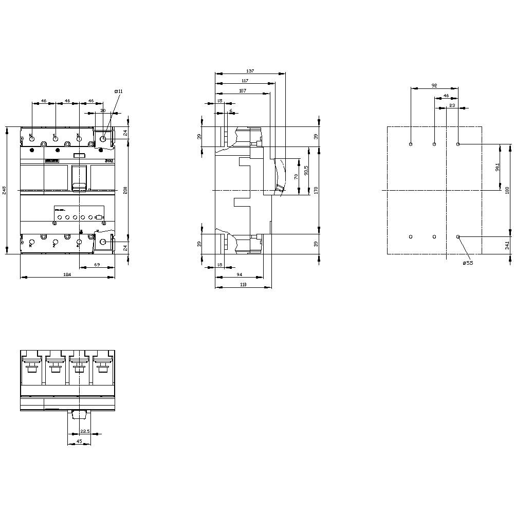 Teknisk tegning af en elektrisk kontakt med dimensioner i millimeter. Viser for-, side- og topview med detaljerede mål.