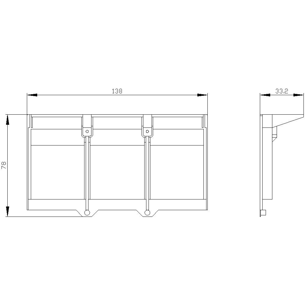 Teknisk tegning af en treleddet reol med mål: Bredde 138 cm, dybde 33,2 cm, højde 78 cm, sidevisning.
