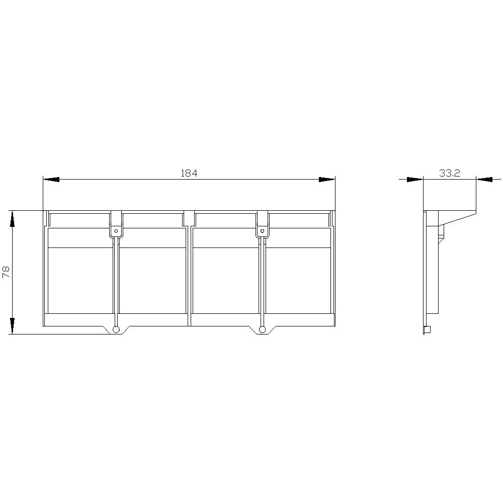 Teknisk tegning af en treleddet reol med målene 184 x 78 x 33,2 cm. Set oppefra og fra siden.