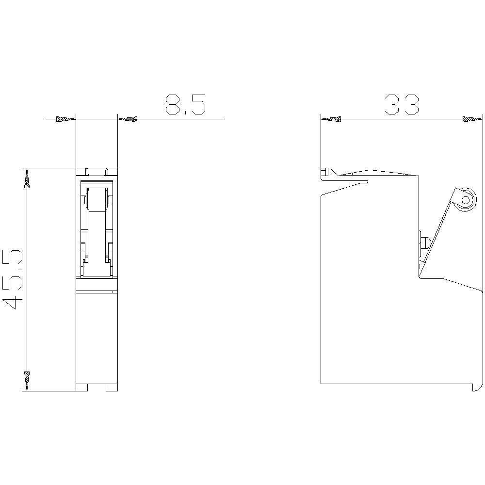 Teknisk tegning af en komponent med dimensioner; venstre side højde 45,5 mm, bredde 8,5 mm; højre side bredde 33 mm, indre detaljer synlige.