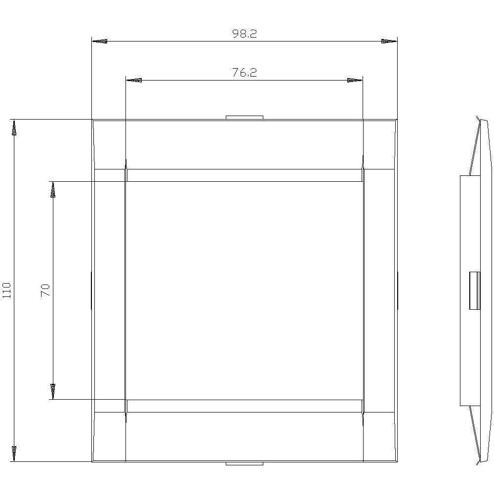 Teknisk tegning af en firkantet komponent med dimensioner: 98,2 x 98,2 x 70 mm. Sidefremstilling viser materialets tykkelse.