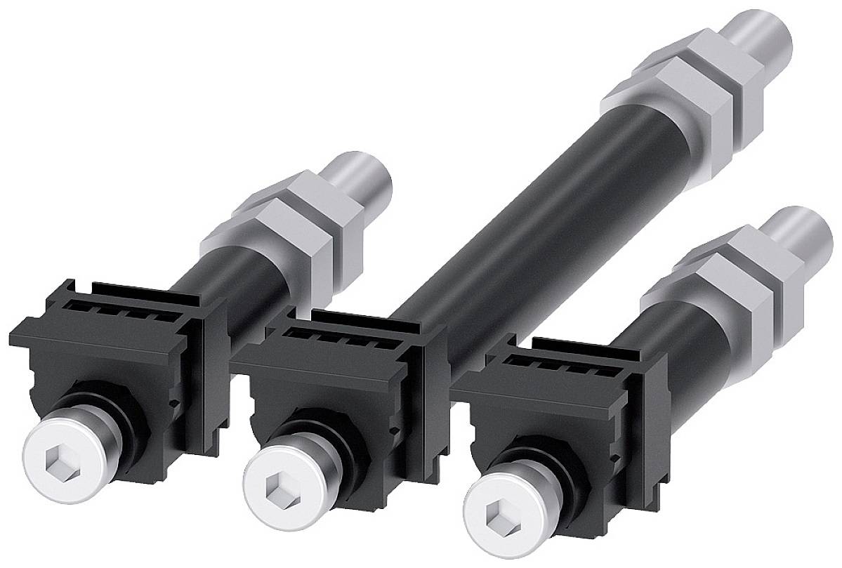 Tre sorte, cylindriske adaptere med metalender; sandsynligvis dele af et teknisk eller elektronisk system.