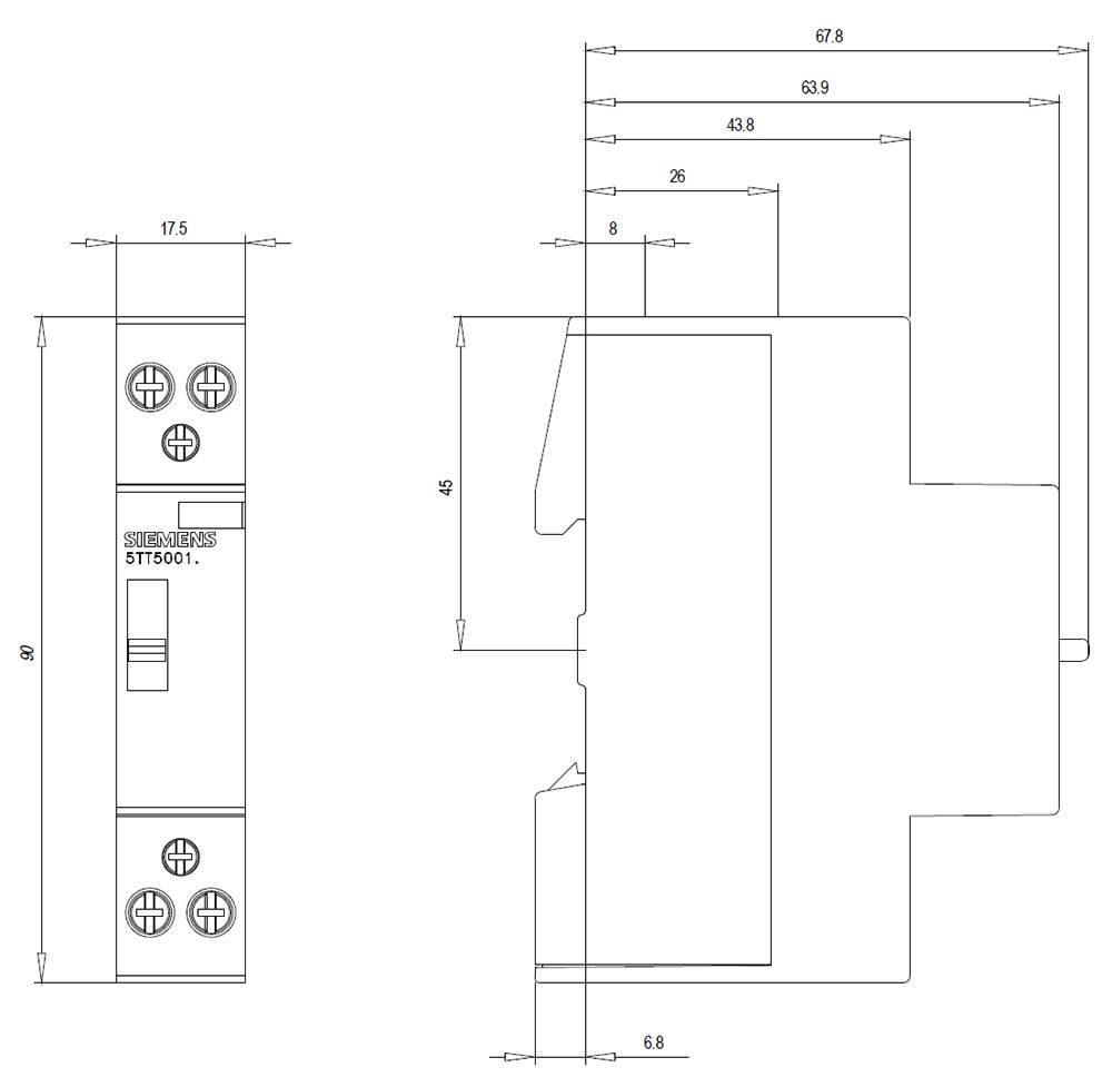 Teknisk tegning af en elektrisk kontakt med mål i millimeter. Viser front- og sidevisning med detaljerede dimensioner.