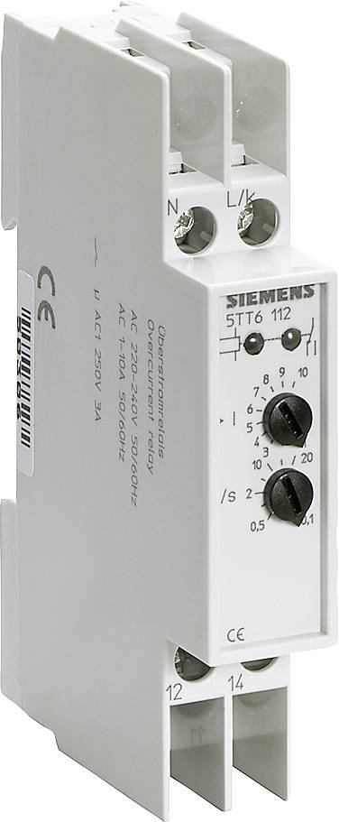 Elektronisk tidsrelæ fra Siemens, model 5TT6 112, til styring af skifteprocesser i elektriske anlæg.