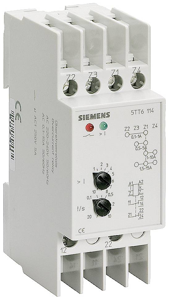 Elektroniske tidsrelæer fra Siemens, model 5TT6 114, med indstillingsknapper til tid og strøm.
