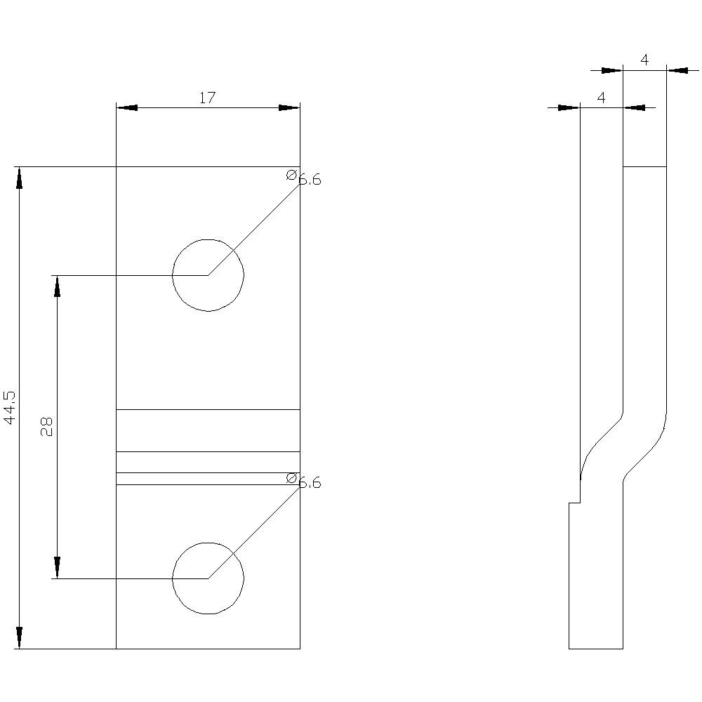 Teknisk tegning af en komponent med to cirkulære huller og mål i millimeter. Side- og frontvisning vist.