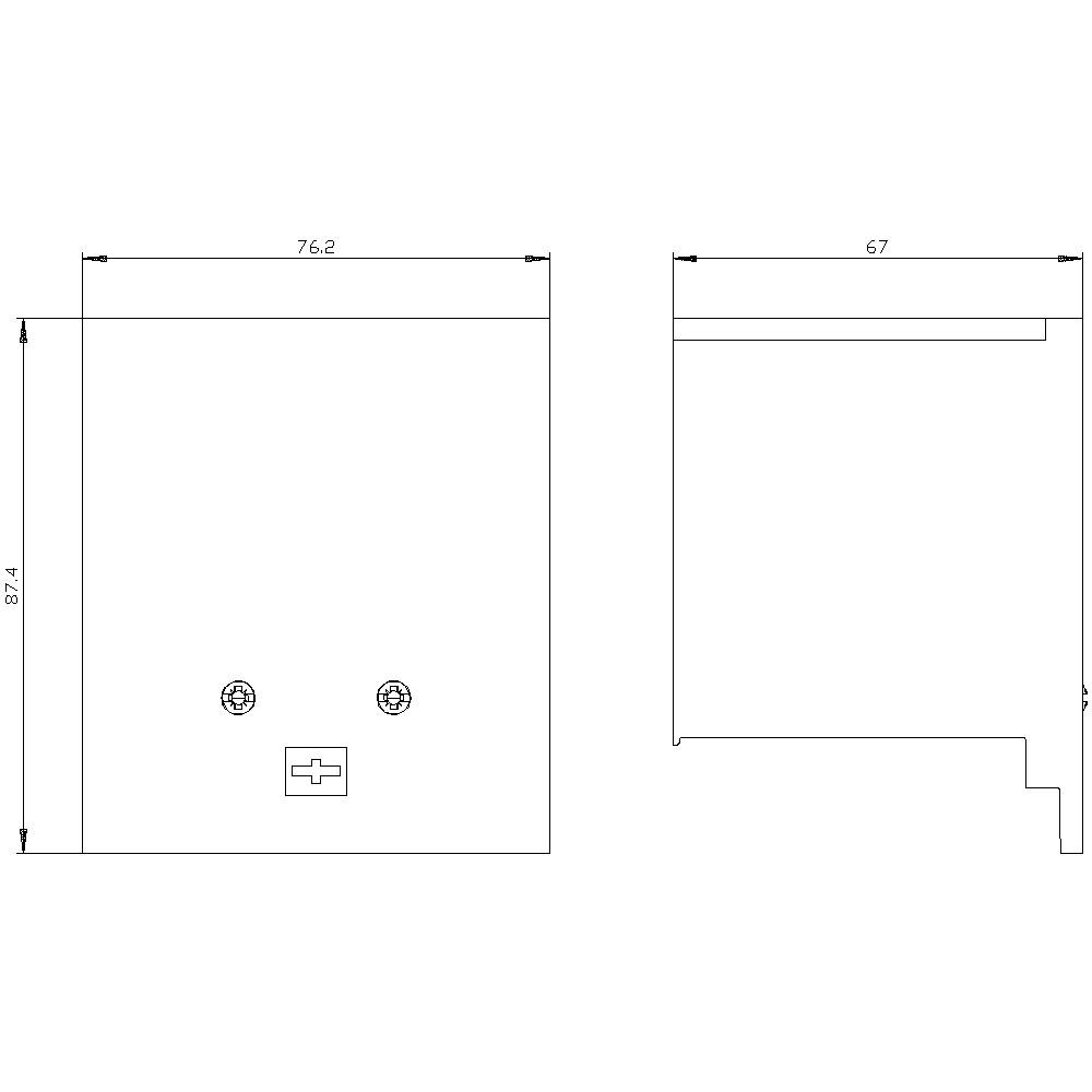Teknisk tegning af et rektangulært objekt med dimensionerne 76,2 x 67 mm og en højde på 87,4 mm, inklusive skruens placering.
