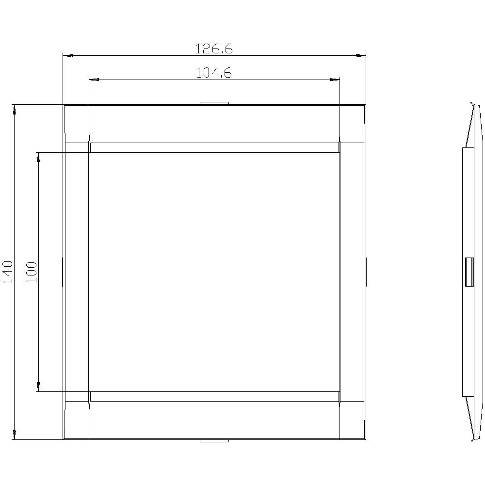 Teknisk tegning, viser rektangulær struktur med mål: Bredde 126,6 mm, Længde 140 mm, indre bredde 104,6 mm, Længde 100 mm.