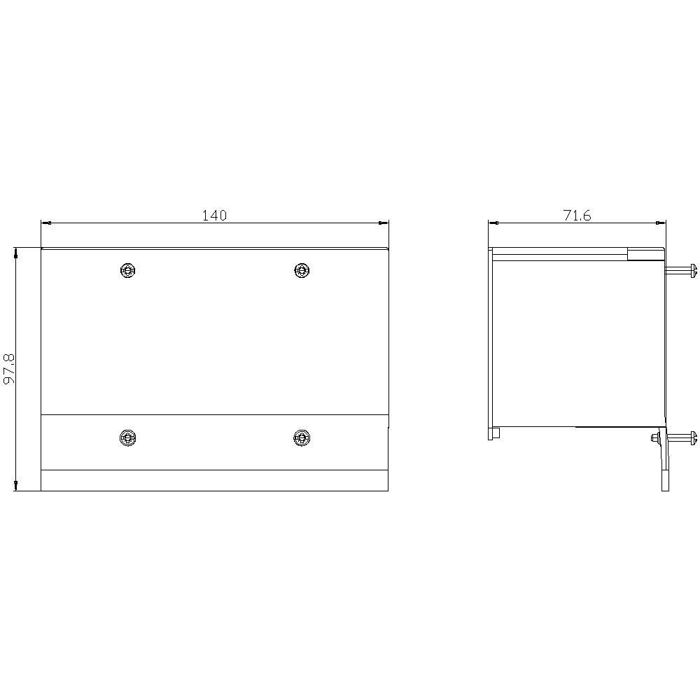 Teknisk tegning af et rektangulært hus med følgende mål: Bredde 140 mm, højde 92,8 mm, dybde 71,6 mm. Front- og sidevisning.
