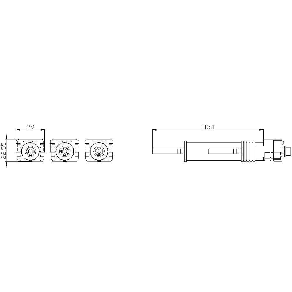Teknisk tegning af en cylindrisk sensor med dimensionerne 113,1 mm længde, 29 mm bredde og 22,5 mm højde. Side- og frontvisning.