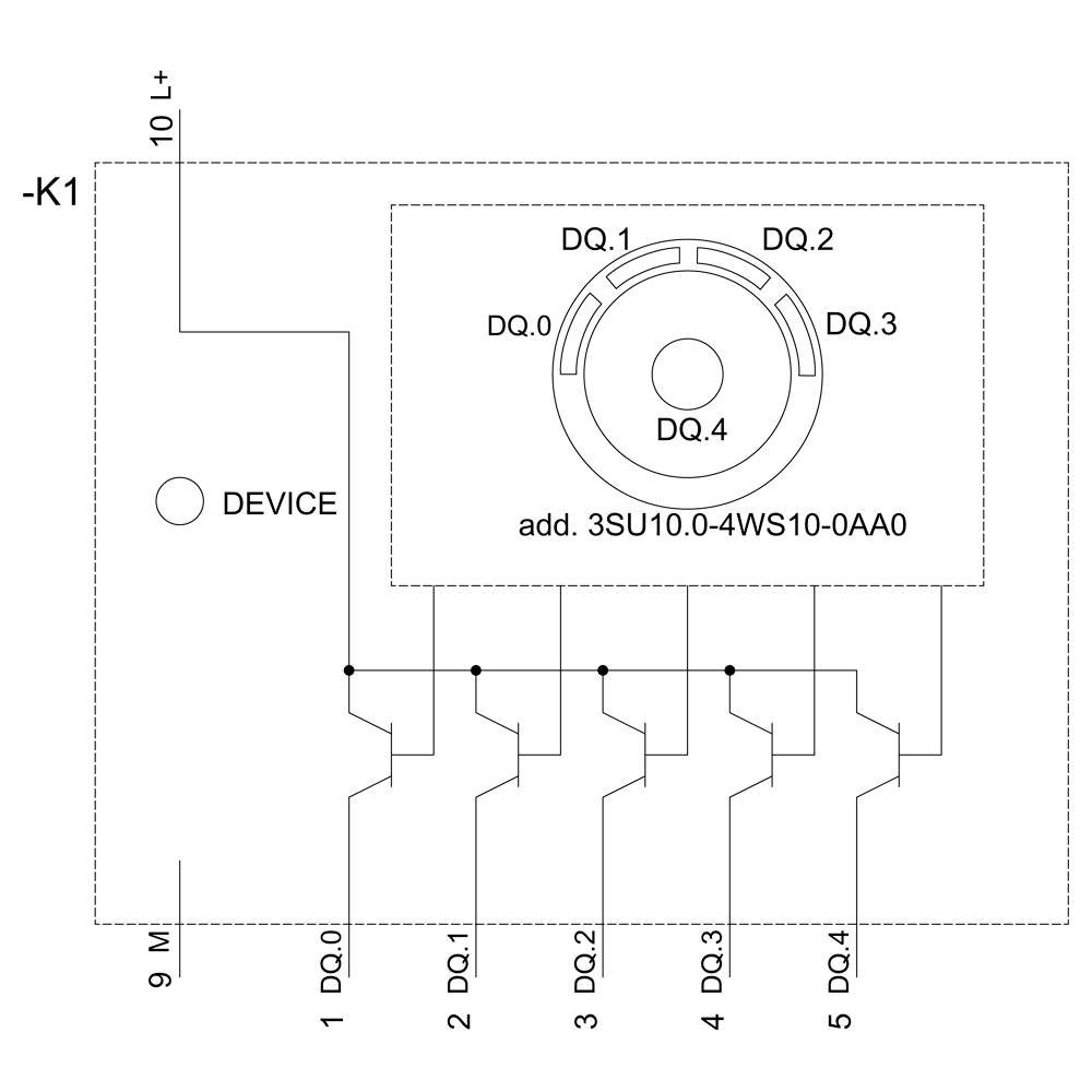 Ledningsdiagram for en elektrisk kontaktor med betegnelser DQ.0 til DQ.4, suppleret med 'add. 3SU10.0-4WS10-0AA0', og forbindelse til en enhed.