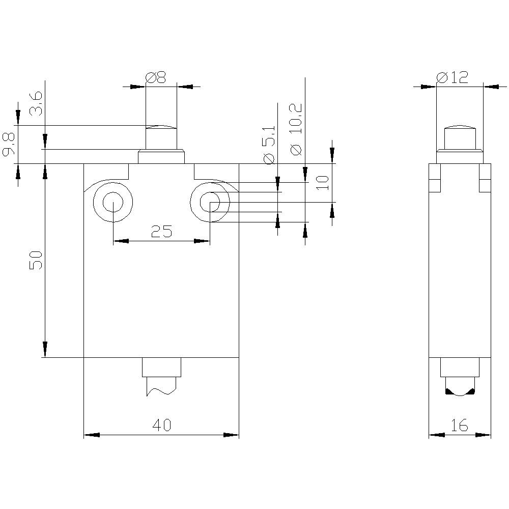 Teknisk tegning af en lille pneumatisk cylinder med dimensioner i millimeter; viser front- og sidevisning.