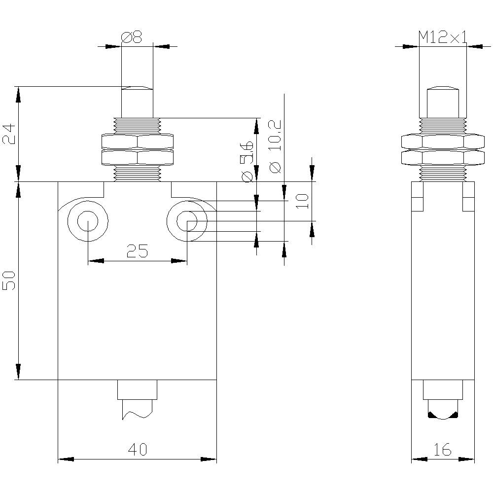 Teknisk tegning af en komponent med mål: 50x16 mm, gevind M12x1. Viser side- og frontvisning med detaljerede dimensioner.