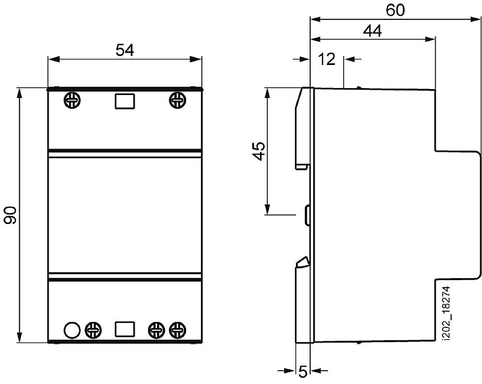 Teknisk tegning af en rektangulær enhed med dimensioner i millimeter: 90 mm højde, 54 og 60 mm bredde, 45 mm dybde. Bagside- og sidevisning.