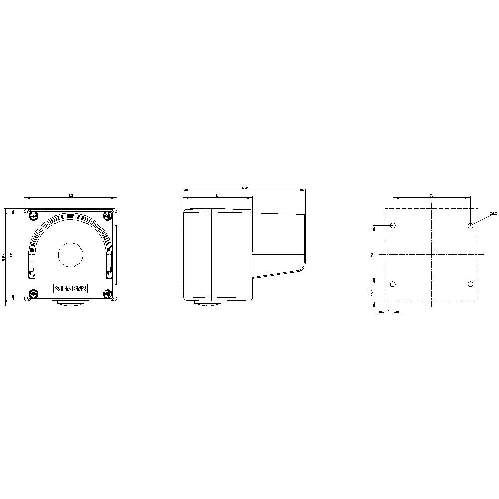 Teknisk tegning af en elektrisk enhed med topview, sideview og detaljeret view. Mål i millimeter.