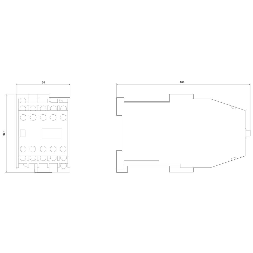 Teknisk tegning af et rektangulært komponent med dimensioner på 54x134. Øverst er cirkulære åbninger vist.