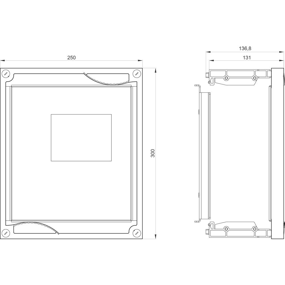 Teknisk tegning af et rektangulært hus med følgende dimensioner: Bredde 250 mm, højde 300 mm, dybde 136,8 mm. Front- og sidevisning.