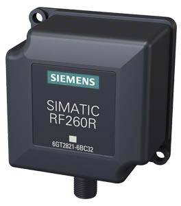 En SIMATIC RF260R enhed fra Siemens, firkantet, i sort, med en udgang i bunden. Påskrift: 'SIMATIC RF260R'.