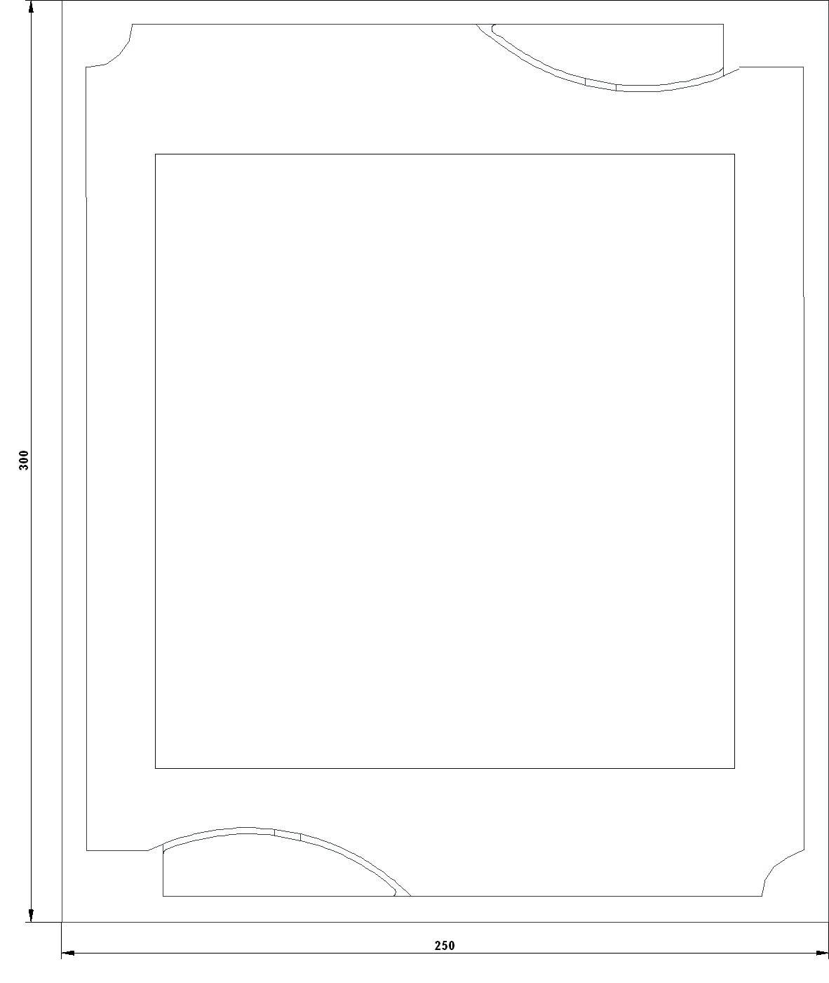 Teknisk tegning af en rektangulær ramme med afrundede hjørner og dimensioner på 250x350 mm.