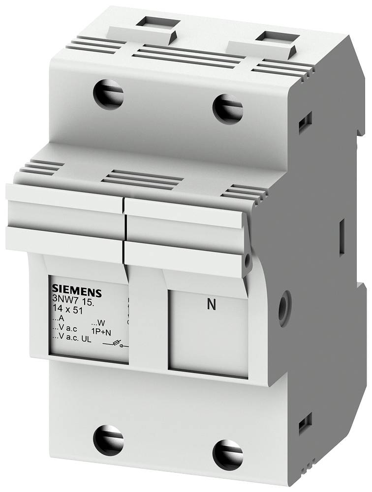 En Siemens sikringsholder ved navn '3NW7 15..'. Viser to sikringskamre og tekniske specifikationer.