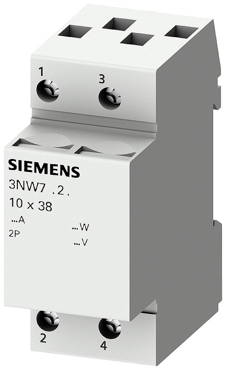 Elektrisk komponent fra Siemens med fire tilslutninger, nummereret fra 1 til 4. Mærkning: '3NW7 .2', størrelse '10 x 38', '2P'.