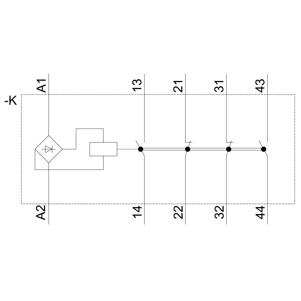 Kredsløbsdiagram for et relæ med 4 lukkekontakter, venstre side med symboler for spolen og dioden, højre side med fire nummererede kontaktpar.