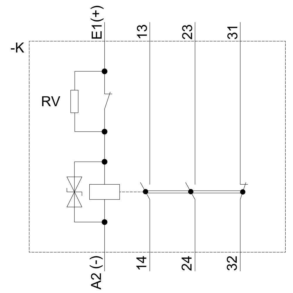 Ledningsdiagrammet viser et relæ RV med indgange E1(+) og A2(-) samt udgange 13, 23, 31 og K. Forbindelser mellem kontakterne.