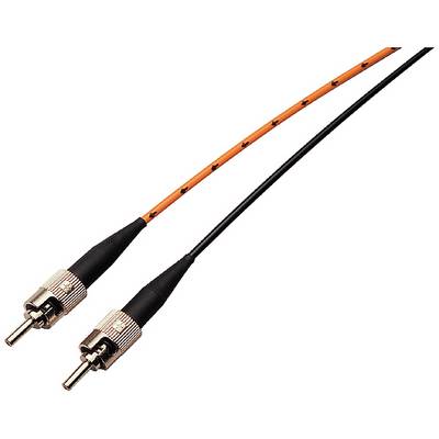 To koaksialkabel med stik, et med orange kabelkappe og det andet sort, til audio- eller videobrug.