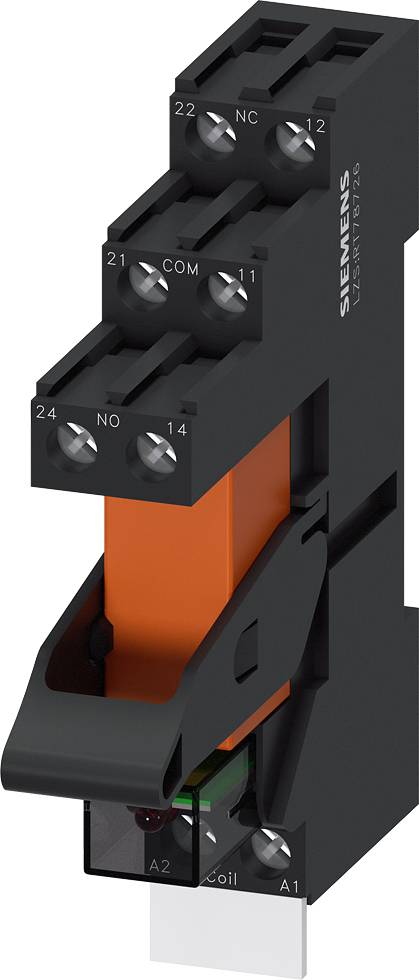 En sort, elektronisk komponent med en orange løftestang og synlige skrueforbindelser. Mærket 'Siemens' er trykt på.