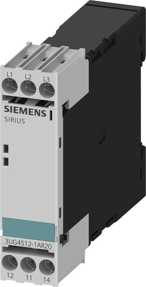 Et Siemens SIRIUS overvågningsrelæ med typebetegnelsen 3UG4512-1AR20, som viser tilslutninger og kabinettform.