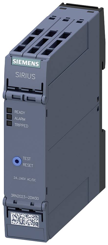 Industriel kontaktenhed fra Siemens, model Sirius, med indikatorer for 'Klar', 'Alarm' og 'Udløst'. Knapper til test og nulstilling.