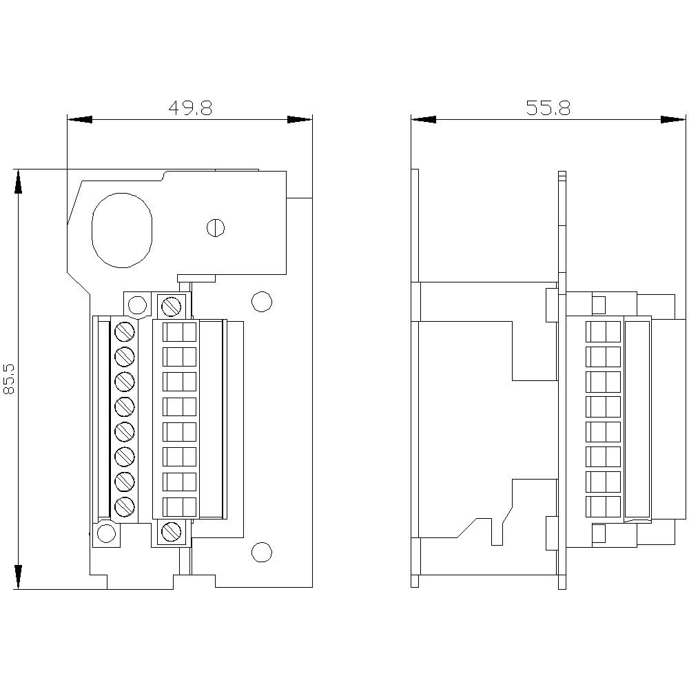 Teknisk tegning af et elektrisk tilslutningsmodul med detaljer om længde (49,8 mm), bredde (55,8 mm) og højde (85,5 mm).