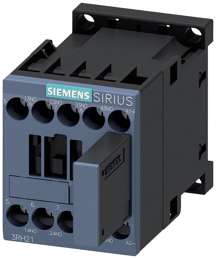 En elektrisk kontaktor fra Siemens i Sirius-serien, model 3RH21, i et mørkt hus, vises som et eksempel på industriautomatisering.