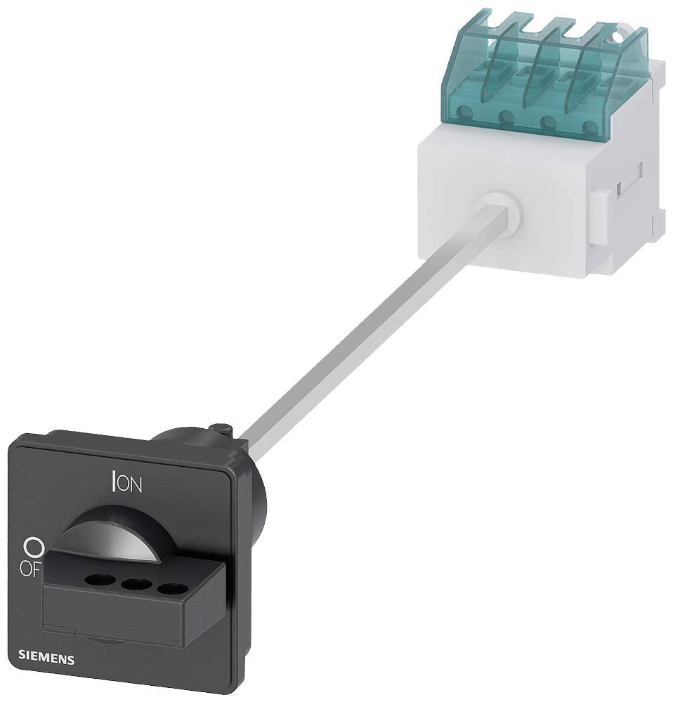 En elektrisk kontakt fra Siemens med sort kabinet og mærkning 'ON' og 'OFF'. Den har et langt betjeningshåndtag.