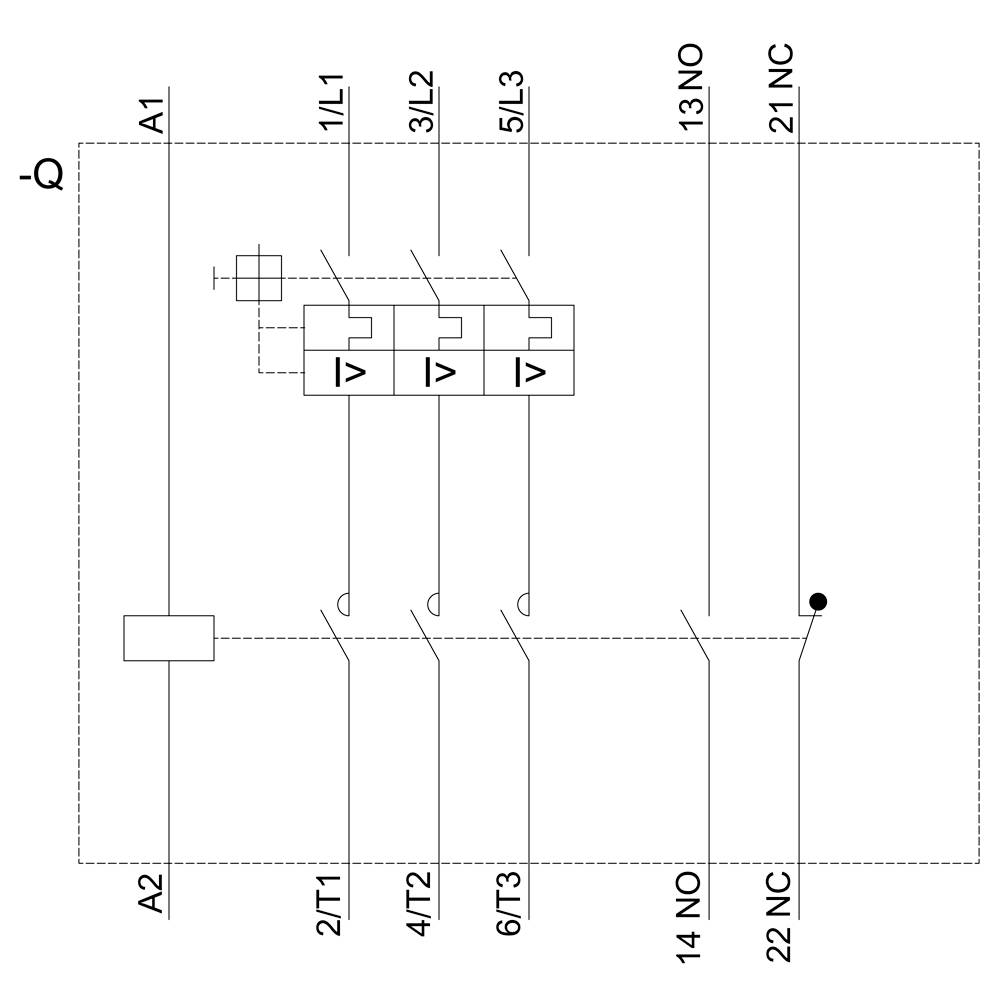 Principdiagram for et elektrisk anlæg med tre sikringer, en kontakt og forbindelseslinjer, vist i et rektangulært diagram.