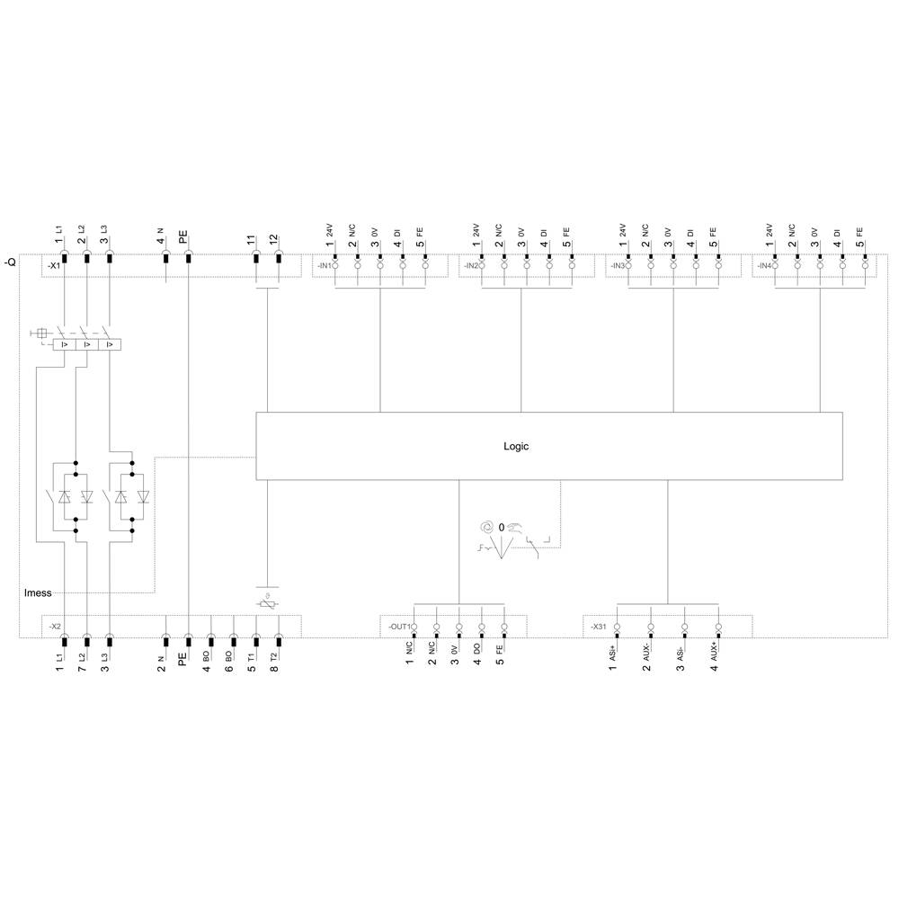 Principdiagram for et elektronisk logisk system. Viser flere ind- og udgange samt forbindelser mellem komponenter og logik.