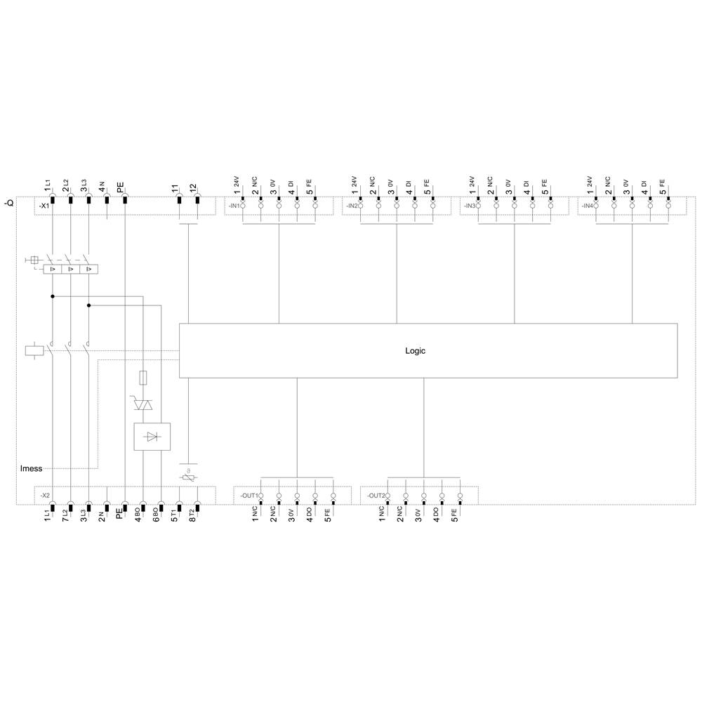 Principdiagram for et elektronisk system med flere indgange, logiksstyring og udgange. Viser forbindelser og komponenter som modstande og dioder.
