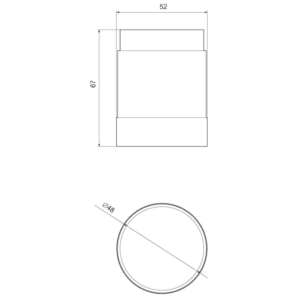 Teknisk tegning af et cylindrisk objekt. Foroven en sidevisning med mål: 67 mm højde, 52 mm bredde. Forneden en topvisning med diameter på 48 mm.