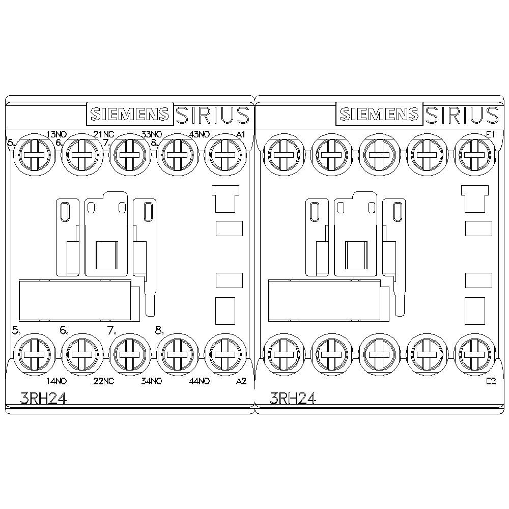 Koblingsskemaer for to Siemens SIRIUS relæmoduler 3RH24 med nummererede tilslutningsklemmer, der viser elektriske forbindelser og kontakter.