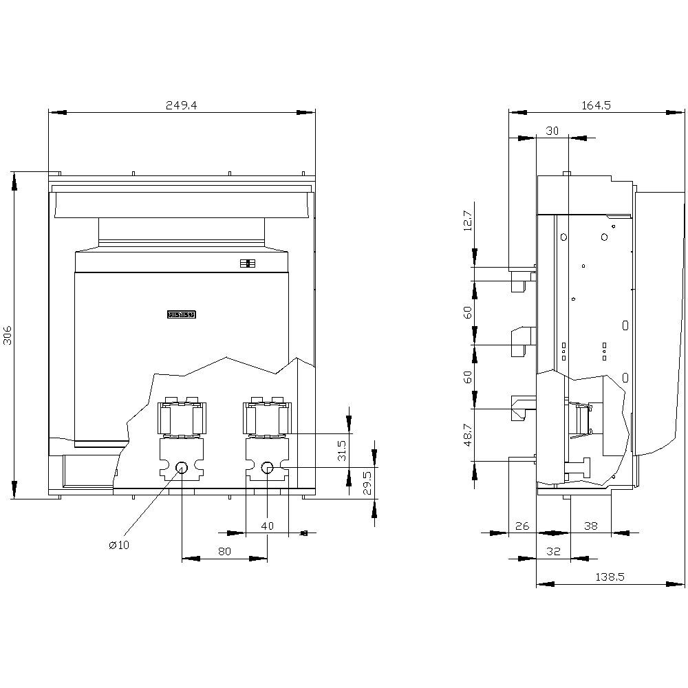 Teknisk tegning af en enhed med detaljer om dimensioner i millimeter. Inkluderer front- og sidevisning med mål og positioner.