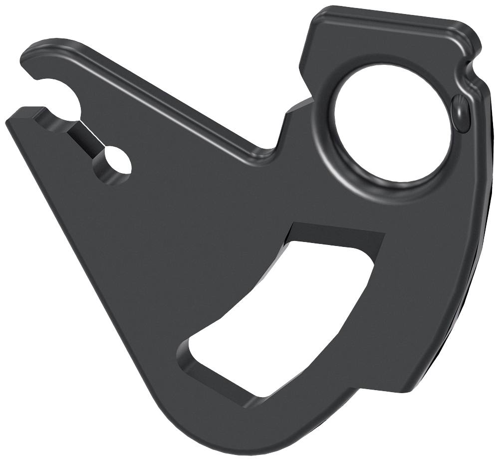 Sort, savtakket metalstykke med et hul øverst og geometrisk design.