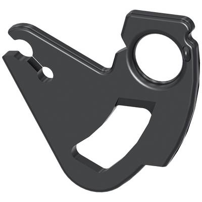 Sort, savtakket metalstykke med et hul øverst og geometrisk design.