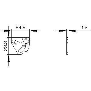 Diagram over en teknisk tegning med mål: Bredde 24,6 mm, Højde 23,3 mm, Dybde 1,8 mm. Viser en form med cirkulær udskæring.