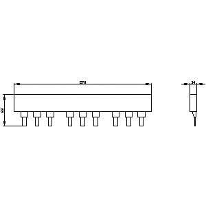 Skematisk tegning af en 12-polet integreret kredsløb i DIP-format med dimensioner. Forfra- og sidevisning.
