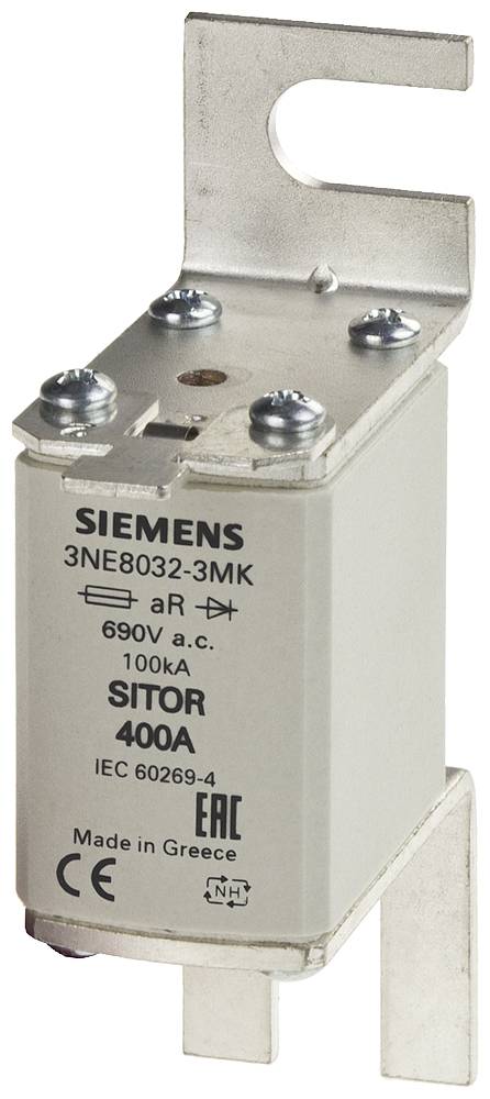 'Siemens sikring 3NE8032-3MK, 690V a.c., 400A, Type SITOR, IEC 60269-4, fremstillet i Grækenland.'