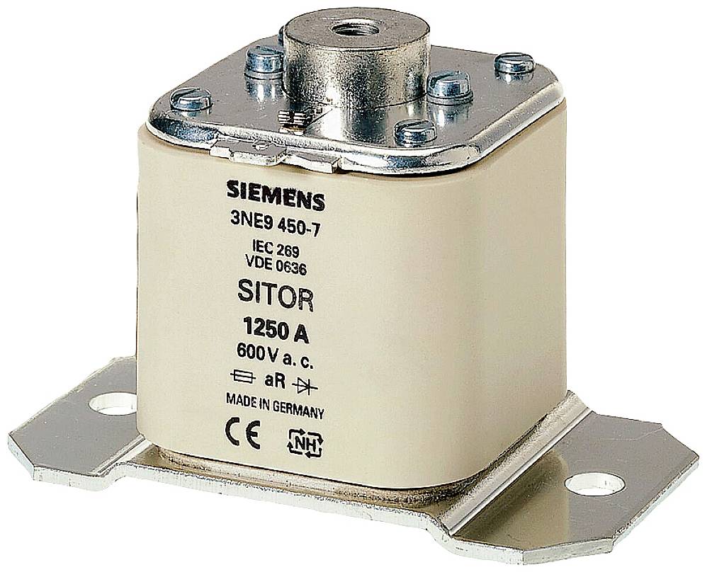 Sikring med 1250 A og 600 V nominel værdi fra Siemens, model 3NE9 450-7, til overspændingsbeskyttelse. Hus af metal og plast.